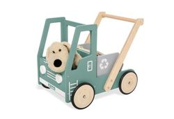 Pinolino Wooden Learn-Walk-Wagon 'Kipplaster Fred' met remsysteem, rubberen houten wielen en gekantelde troggen, groen en kleurrijk geverfd