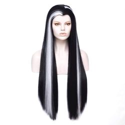 Morticia parrucca da donna con design a punta di vedova mista lunga rettilinea in bianco e nero