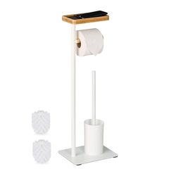 Relaxdays Serviteur WC, mélange de matériaux, Non Fixe, Brosse et Porte-Brosse, Porte-Rouleau, Blanc et Nature