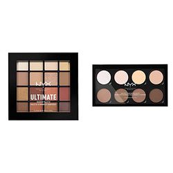 NYX Professional Makeup, Palette Ombretti Ultimate Shadow,Pigmenti Pressati, 16 Tonalità, Effetto Opaco, Satinato, Metallico & Highlight & Contour Pro Palette, Contouring Kit in polvere