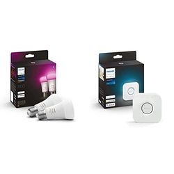 PHILIPS Hue White & Col. Amb. E27 - Confezione doppia 2 x 800 lm, 75 W + Hue Bridge 2.0, Centro di Controllo del Sistema Hue, Bianco