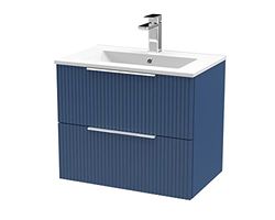 Hudson Reed DFF393B Fluted Modern Bathroom Wall Hung 2 Drawer Vanity Basin Unit with Minimalist Ceramic Basin, 600mm, Satin Blue