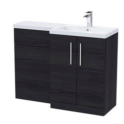 nuie ARN611R Arno Modern Bathroom Right Hand 2 Soft Close Door Vanity Basin and WC Combination Unit, 1100 x 390mm, Charcoal Black Woodgrain