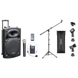 Ibiza - PORT15VHF-BT - Altavoz portátil 15"/800W MAX con 2 micrófonos (VHF) & CAHAYA Soporte de Micrófono con Brazo con Dos Pinzas para Microfonos Pie de Micrófono Plegable