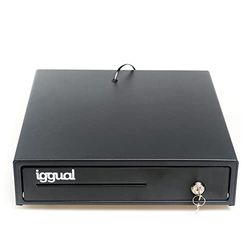 Iggual – Cajón Portamonedas IRON-15, Caja Efectivo Registradora Manual o Automática RJ11(12V), Compartimento x4 Billetes y x8 Monedas, Cerradura 3 Posiciones Bloqueo, 37x33,5x8 cm, Carcasa Acero Negro