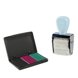 Trodat Creative - Set di mini timbri per la scuola, 12 stampe, in tedesco, con timbro creativo, colore blu pastello, con tampone per timbri in rosa, nero, verde, 30 x 5 mm