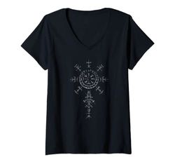 Donna Simboli Classici Vichinghi Bussola Vegvisir Runa nordica Maglietta con Collo a V
