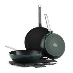 GreenPan Evolution Juego de 3 Sartenes y Wok de Cerámica Saludable Anodizada Dura, Sin PFAS, Inducción, Apto para Lavavajillas, Apto para Horno, Verde Pino