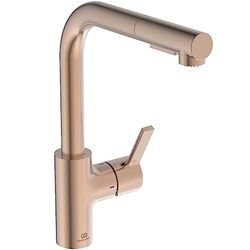 Ideal Standard - Gusto, Mezclador monomando para fregadero de cocina, Boca en L tubular con ducha giratoria y extraíble de dos funciones, Sunset Rose