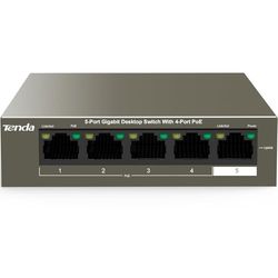 Tenda TEG1105P-4-63W (5-poorts 1000 Mbit/s PoE-switch met 4-poorts PoE en 1-uplink-poort,vervangt de voeding tot 58W,voor camera‘s,AP,IP-telefoons,metalen behuizing,250m,6kV,full duplex 2000Mbit/s)
