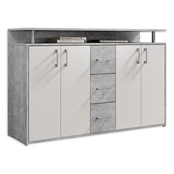 Stella Trading DRIFT Aparador com acabamento em betão e branco, contemporâneo confortável, com muito espaço de armazenamento para a sua sala de estar, 139 x 90 x 34 cm (largura x altura x fundo)