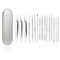 16 Piece Blackhead Remover Comedone Squeezer Set, Tweezers Set with Metal Box for Face Defects, Suitable for Women and Men, for All Skin Types