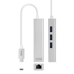 USB-C naar gigabit Ethernet-converter + 3 USB 3.0-poorten, 15 cm; ideaal voor internetverbinding en poortuitbreiding.
