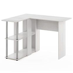Furinno Abbott Bureau en Forme de L avec Bibliothèque, Chêne Blanc/Acier Inoxydable