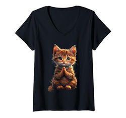 Mujer Meditar Gatito Santo Gato Mediador Fe Dios Religión Camiseta Cuello V