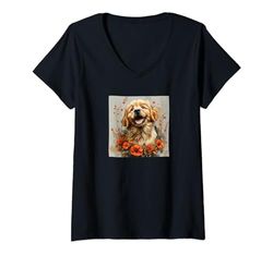 Mujer Golden Retriever Cute Puppy Corazón Y Flores Gráfico Camiseta Cuello V