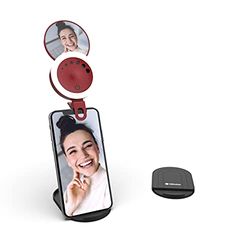 iWotto Anneau Lumineux LED pour Téléphone avec Support et Miroir - 3 Modes et 7 Intensités de Lumière - Anneau Lumineux pour Selfie, Recharge USB - 24 LEDs Universel pour Smartphone, Tablette - Rouge