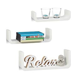 Relaxdays Wandplank set van 3, decoratieve U-vormige wandplanken, kleine houten planken 10 cm diep, tot 40 cm breed, wit, 10 x 39,5 x 14 cm