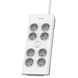 Philips SPN7080WA/10 - Bloc Multiprise 8 Prises Schuko, Power Lock, 3 680 W, Câble d'alimentation Tressé 2 Mètres Haute Résistance, Fermeture de Sécurité (Indicateur LED Protection Surtension 900J)