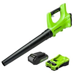 Greenworks Tools G24ABK2 Soplador de Hojas a Batería Axial, 156 km/h, 4,27 m³/min, Batería de 24V 2Ah y Cargador