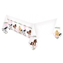 amscan 9909877 - Nappe en Plastique Cheval, Taille 120 x 180 cm, Blanc avec Bordure Frange, décoration de Table, Anniversaire, fête à thème