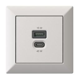 Inbouw USB-laadstation met USB-C 45 watt + USB-A 15 watt oplader met mat wit frame