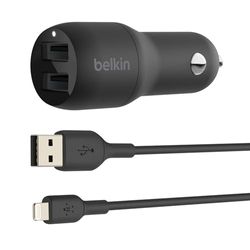 Belkin Dual USB Car Charger 24W + Lightning Cable (Boost Charge Dual Port Car Charger, 2-Port USB Car Charger) iPhone Car Charger, iPad Car Charger, AirPods Car Charger