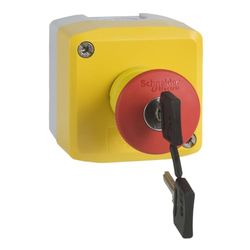 Control Station, Harmony XALK, Plastic, Couvercle Jaune, 1 Bouton Poussoir Rouge Champignon 40mm, libération de clé, 1NO + 1NC, Non marqué
