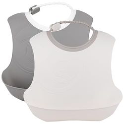 Twistshake 2x Haklapp Mjuk Plast Vattentät för Spädbarn, Mat Smulfångare, Justerbar Nacke, Baby Matning Haklappar, 4+ Månader, Pastellgrått Vit
