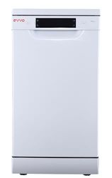 EVVO Lavavajillas estrecho, Ancho 45 cm, Capacidad para 10 Cubiertos, Programa Rápido 30 minutos, Programa Media Carga, Bandeja Superior Ajustable, 8 Programas, Modelo D3 Slim, Acabado Blanco