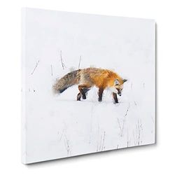 Red Fox Prowling in Wyoming Painting Modern Canvas Wall Art Print Ready to Hang, Framed Picture for Living Room Bedroom Home Office Décor, 14x14 Inch (35x35 cm)