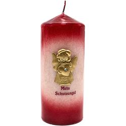 Bougie ange gardien, bougie pilier, bougie de table, bougie décorative, bougie de baptême, bougie avec ange gardien doré et inscription « Mein Schutzengel » en rouge bordeaux, H x Ø : 15 x 6 cm.