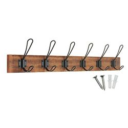 keypak Rustic Wall Mounted Coat Rack, Double Wire Hooks on Wooden Base, Ideal for Entryway Hallway Living Room Bathroom, Fixings Included (6 Hooks, Antique Finish)