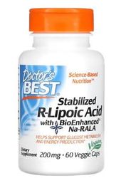 Doctor's Best Acide R-Lipoïque Stabilisé avec Na-RALA BioAmélioré, 200mg - 60 Gélules Végétales - Antioxydant Puissant pour la Santé Cellulaire et Métabolique