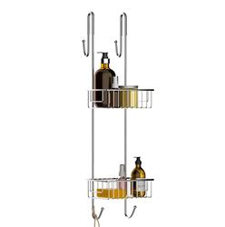 Bamodi Estantería de ducha colgante de acero inoxidable de 2 niveles, sin necesidad de taladrar, cestas de ducha colgantes con 2 ganchos para toallas (70 x 19 x 18,5 cm)