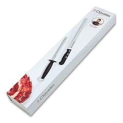 3 Claveles 00966 - Juego de cuchillos para rebanar de filo hueco y acero para afilar, 29 cm, Negro