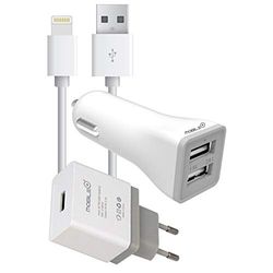 MOBILE+ Cargador para iPhone 2 en 1: Casa y Coche, Incluye Cable USB de 1 Metro MB-1001