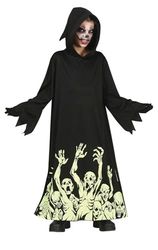 FIESTAS GUIRCA Costume da Morte - Tunica Nera con Scheletri e Cappuccio per Bambini 5-6 Anni