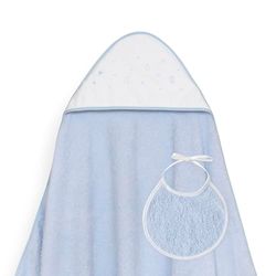 Interbaby - Capa de Baño Bebe Azul + Babero | Toalla Bebe con Capucha 100% Algodón, 100x100cm, Unisex | Suave, Cómoda, Ideal Recién Nacidos, Bebes y Niños Pequeños | Diseño Estrellas Lunas Bodoques