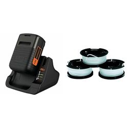 BLACK+DECKER Kit Batterie Lithium 36V 2Ah et Chargeur 1h30 & Lot de 3 Bobines de Rechange pour Coupe-Bordures, Bobine Reflex Plus A Déroulement Automatique, 3 x 10 m de Fil, ⌀1,5 mm