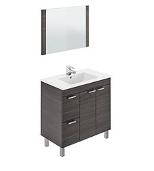 Dmora - Meuble de comptoir Lakewood, Armoire de toilette, Armoire avec 2 portes et deux tiroirs avec miroir, évier non inclus, cm 80x45h80, Cendre grise