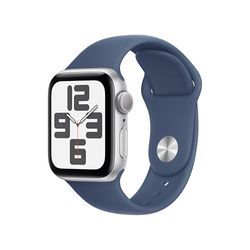 Apple Watch SE (2e gen.) GPS 40 mm Smartwatch - Kast van zilverkleurig aluminium - Denim sportbandje (M/L). Conditie en slaap bijhouden, ongelukdetectie, hartritme monitoren, Retina-display