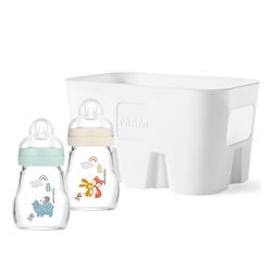 MAM Feel Good Combi Set, 2 x butelka dla niemowląt ze szkła (170 ml), pierwsze wyposażenie dla niemowląt z przyssawką rozm. 1 i kosz na butelki, zestaw upominkowy dla niemowląt, od narodzin,