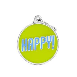 My Family Mèdaille pour chien personnalisé Made in Italy, grand cercle "Happy!", médaille pour chien gravée gratuitement, métal émaillé à la main, Collection Charms