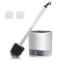HIYAA - Escobilla de Inodoro y Soportes de Silicona, Cepillo de Limpieza de Inodoro con Soporte de Secado rápido y Mango de Acero Inoxidable Antideslizante para baño, Blanco, 1 Paquete