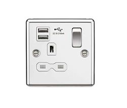 Ranuras de cargador USB dual del zócalo conmutado 13A 1G con el inserto blanco - borde redondeado pulido cromo