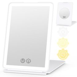 WEILY Specchio Trucco con Luci, 5X Specchio Ingranditore, 3 Dimmerabile Coloria Touch Screen Specchio Led, USB Ricaricabile Specchio con Luce, per Viaggi (Bianco)