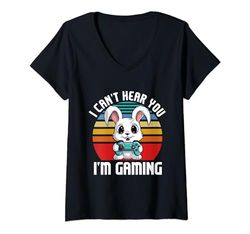 Mujer Controlador Retro Gamer Rabbit Can't Hear You I'm Gaming Camiseta Cuello V