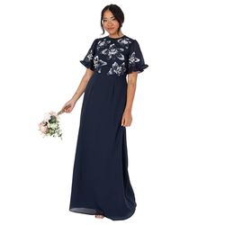 Maya Deluxe kvinnor kvinnor maxi kvinnor kort fiskeärm rund hals blommig paljett embellished A-linje för bröllop gäst boll klänning, marinblå, 54 SE