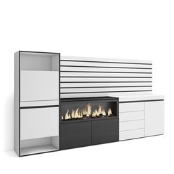 Skraut Home | Schoenenkast | Met 2 kleppen en 2 open vak | 274x145x35 cm | Voor slaapkamer, kamer | Elektrische haard XXL | Ladekast, Commode | Lamellenwand Hout | Moderne stijl | Wit